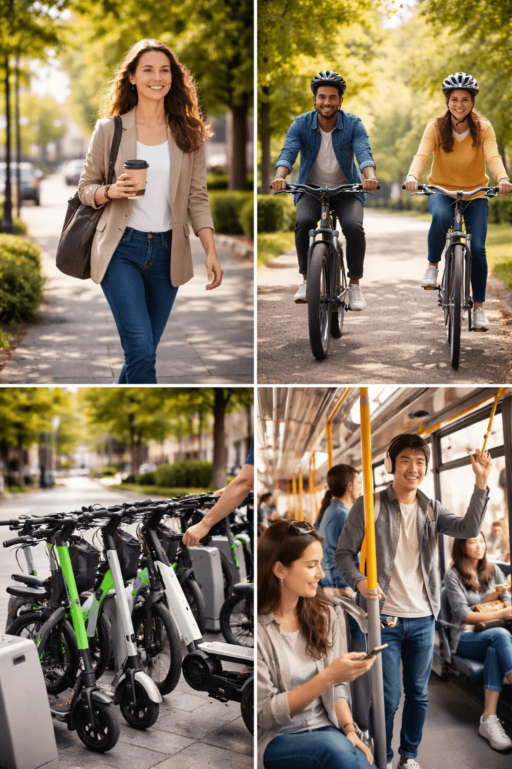 Collage showing sustainable transportation choices including walking, cycling, shared electric scooters, and riding public transit in a city.