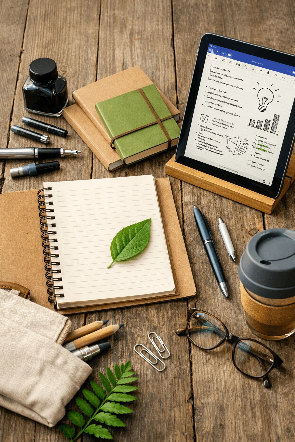 Sustainable study supplies on a wooden table including a notebook with a leaf, reusable pens and pencils, recycled notebooks, a tablet with digital notes, a reusable coffee cup, and eco friendly stationery.