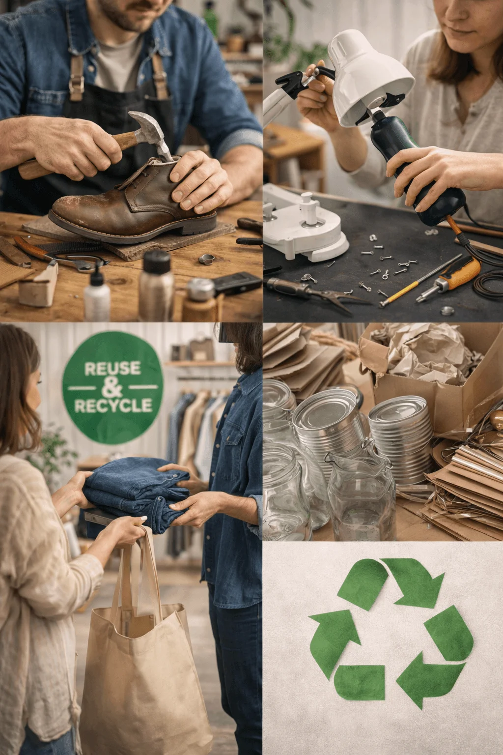 Collage illustrating circular economy practices including shoe repair, appliance repair, clothing resale under a “Reuse & Recycle” sign, and recyclable packaging materials, representing marketplaces focused on reuse and sustainability.