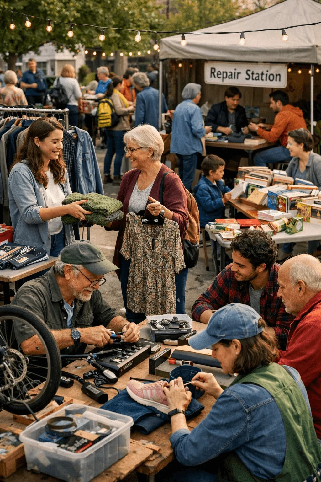 Community circular swap market with people exchanging clothes and books at outdoor tables while volunteers repair small electronics and shoes at a repair station tent under string lights creating a lively neighborhood sustainability event