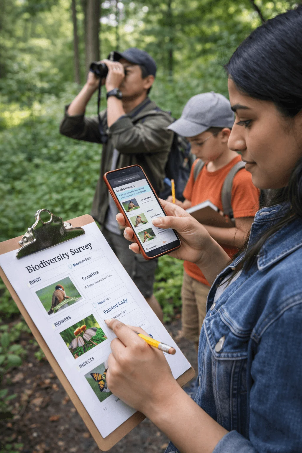 A small group of people conducting a biodiversity survey in a forest. One person records observations on a clipboard labeled “Biodiversity Survey,” identifying birds, flowers, and insects, while also using a smartphone app to help recognize species. In the background, another participant uses binoculars to spot wildlife and a third person takes notes in a field notebook. The scene illustrates a citizen science activity where volunteers collect data on local wildlife and plant species.