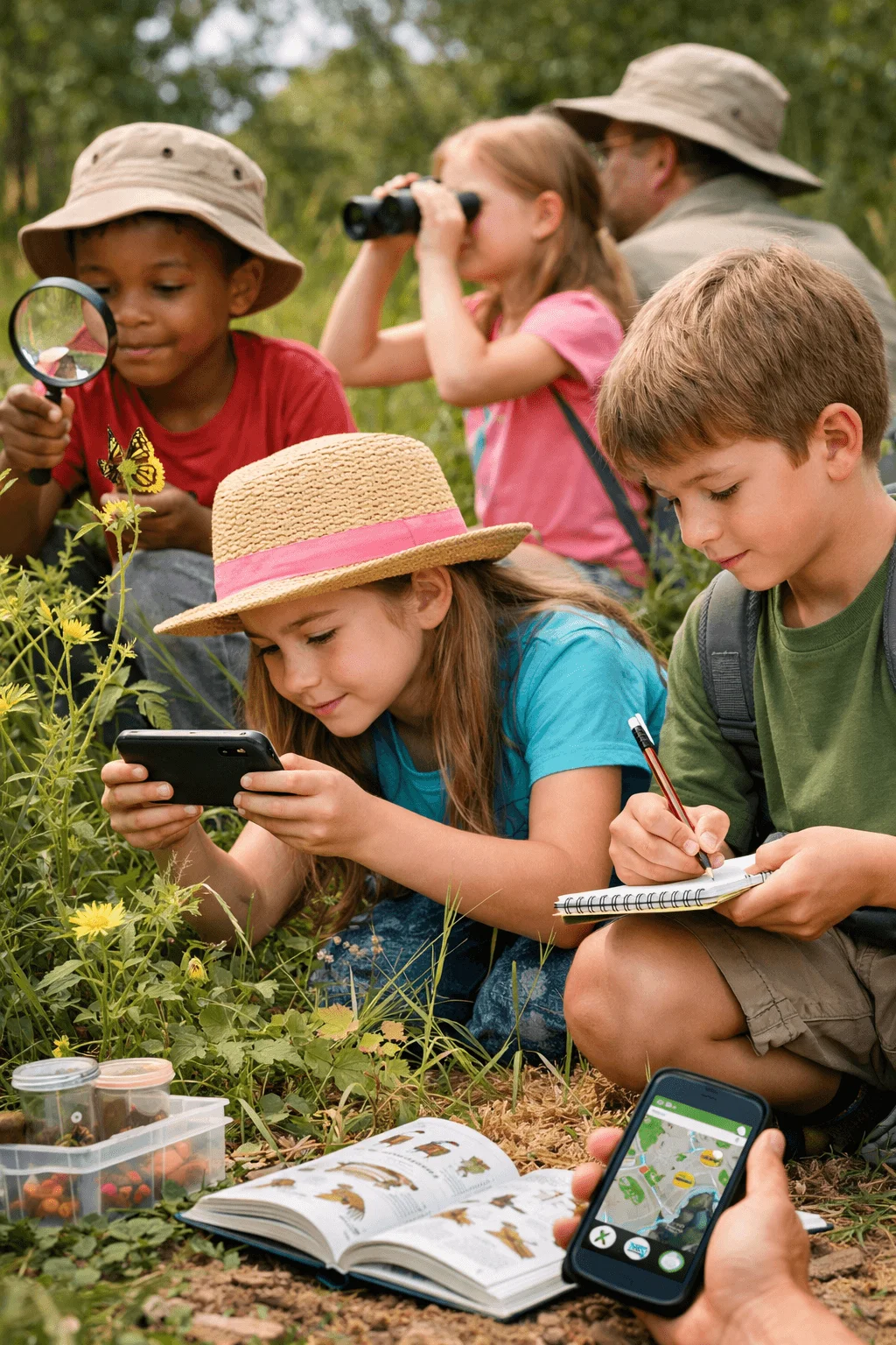 Group of children participating in a citizen science nature exploration project outdoors in a grassy field. One child examines a butterfly with a magnifying glass, another uses binoculars to observe wildlife, a girl photographs plants with a smartphone, and a boy takes notes in a small notebook. An adult sits nearby supervising, while a field guide book, small specimen containers, and a smartphone displaying a nature identification app are placed on the ground among wildflowers.