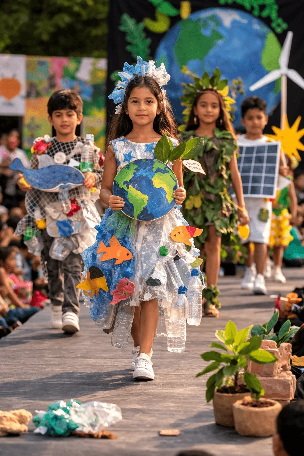 Children walking on a runway wearing creative costumes made from recycled materials and nature elements while holding symbols of the earth ocean wildlife and renewable energy during a climate awareness themed fashion show.