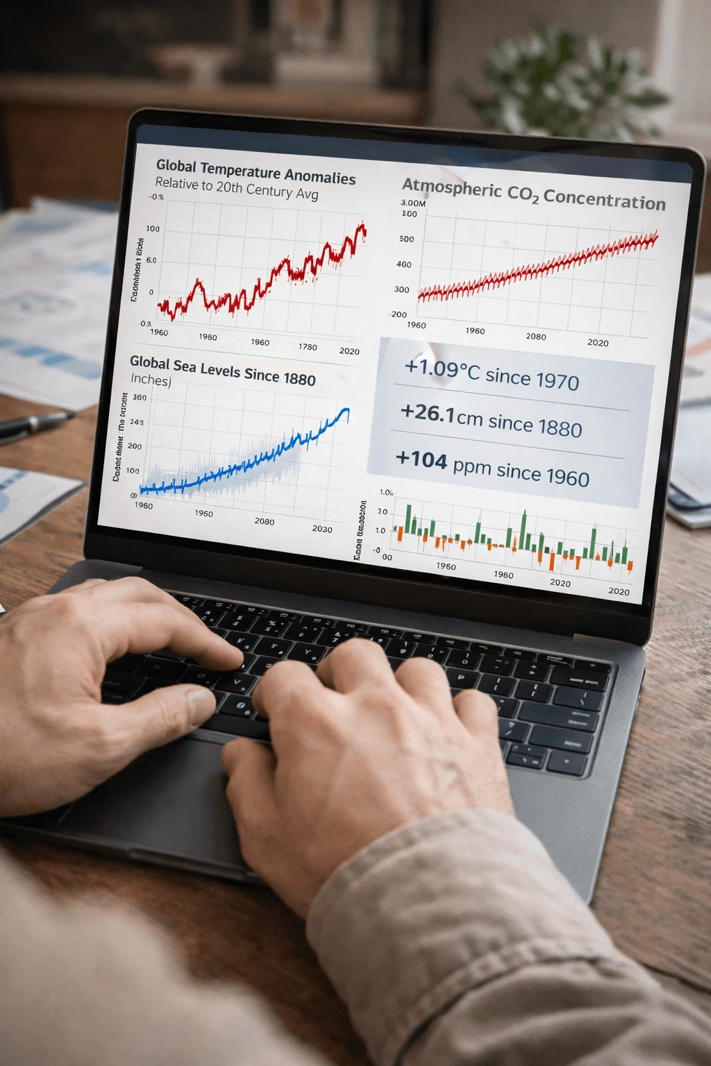 A person typing on a laptop while viewing a climate data dashboard showing graphs of global temperature anomalies, atmospheric CO₂ concentration, and global sea level changes over time, along with summary statistics about increases in temperature, sea levels, and CO₂ since the late 19th and 20th centuries.