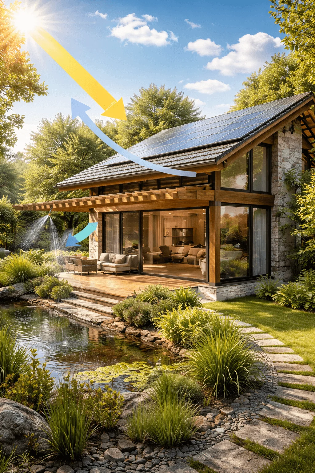 A climate-responsive eco home designed to maximize natural sunlight and passive cooling, featuring solar panels, wide roof overhangs, and a landscape-integrated water system to regulate temperature and improve energy efficiency.