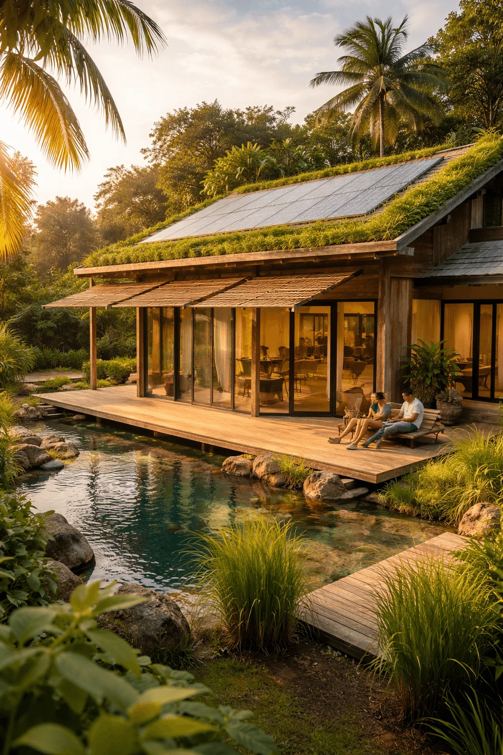 Climate-responsive eco home with solar panels, green roof, shaded deck, and natural water feature in a tropical landscape.