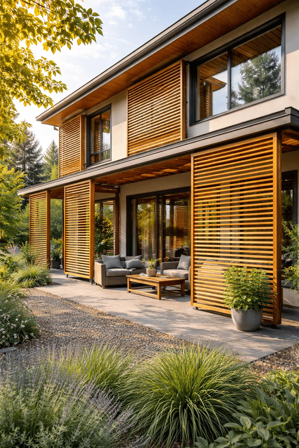 Modern home exterior with climate-responsive wooden screens and louvers that provide natural shading, ventilation, and energy-efficient sun control.
