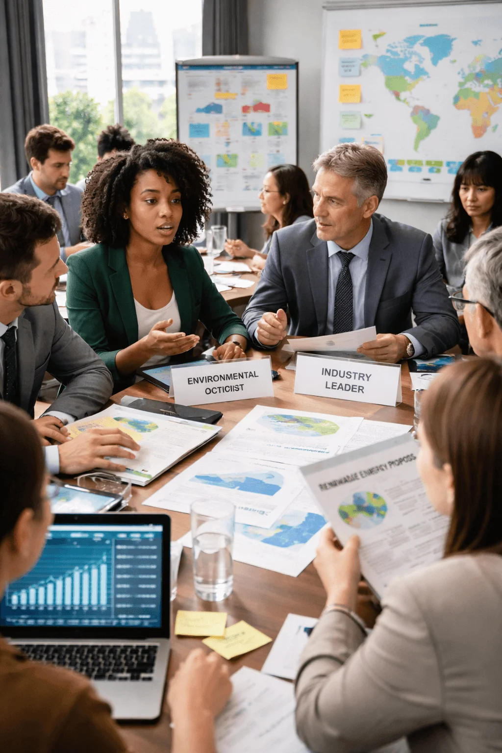 Participants engaged in a climate negotiation role play, discussing environmental policy and renewable energy plans around a conference table with charts and maps.