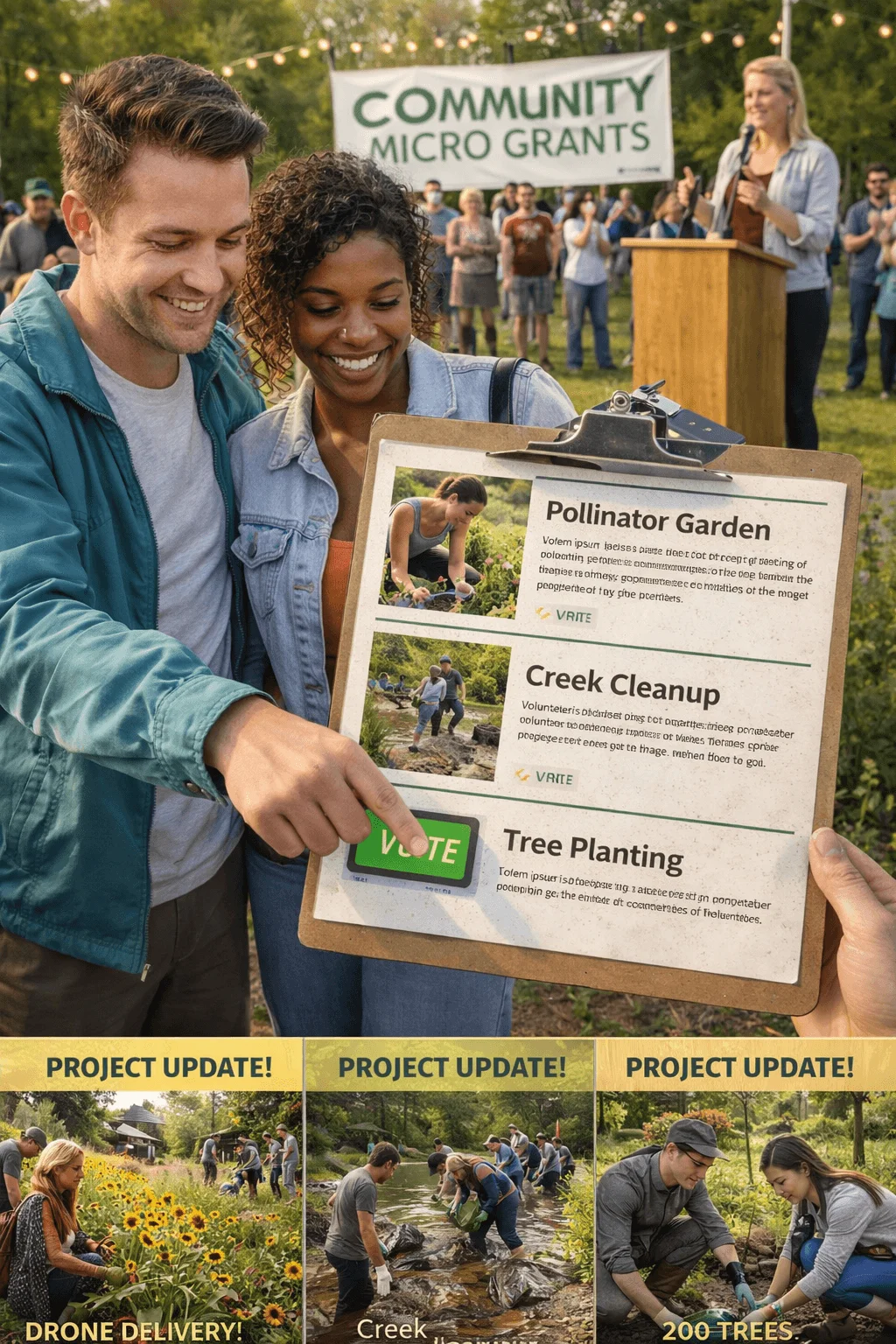 Smiling couple at an outdoor community event reviewing a clipboard with local project options like pollinator garden creek cleanup and tree planting while a community micro grants banner hangs behind a speaker at a podium and smaller images below show volunteers planting flowers cleaning a creek and planting trees