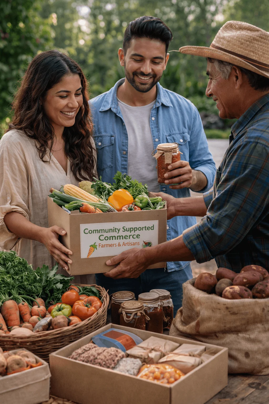 Farmer handing a box of fresh vegetables and local goods labeled “Community Supported Commerce” to a couple, representing direct support for farmers and artisans through community-based marketplaces.