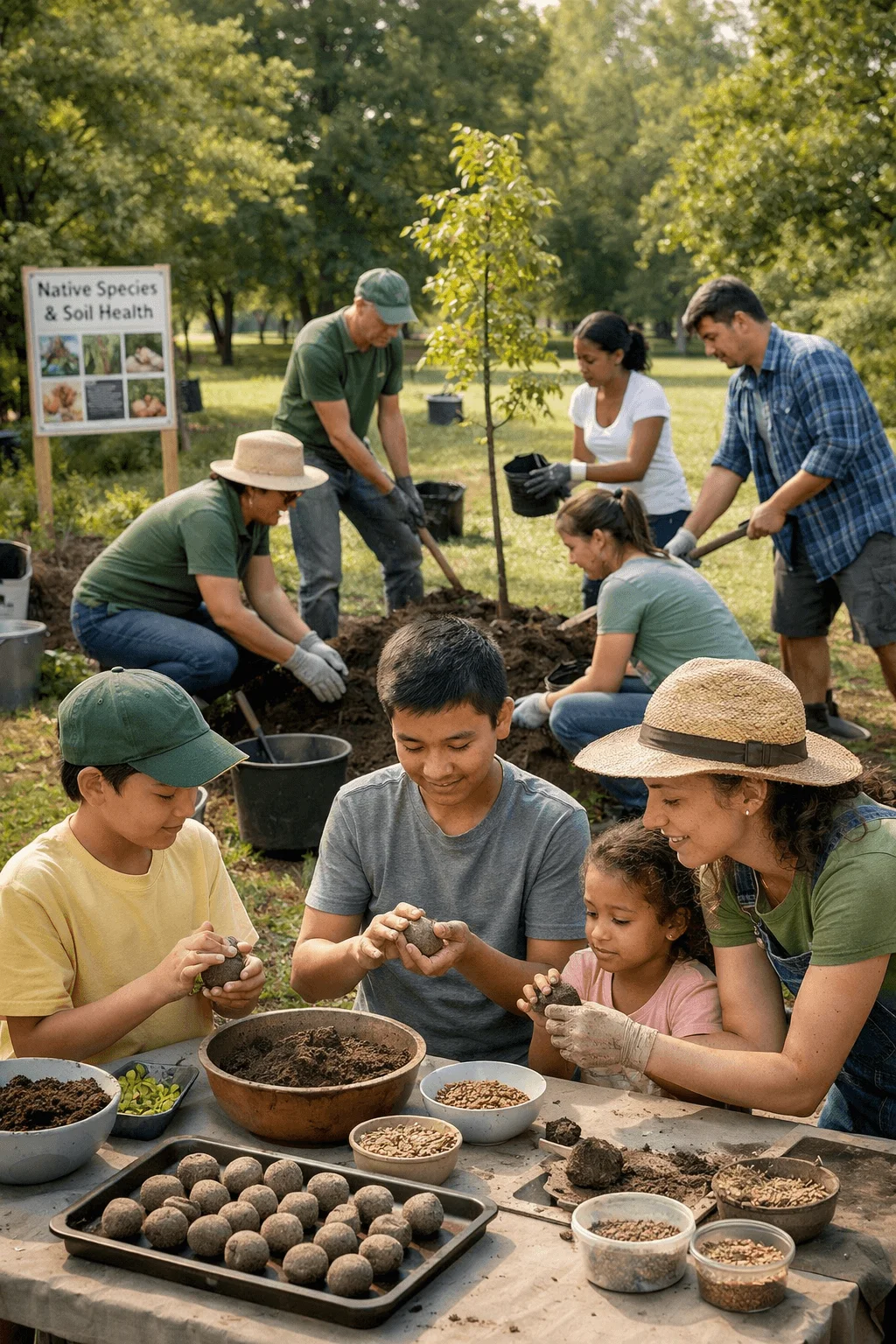 Community members of all ages making seed balls at a table with soil and seeds while others plant a young tree in a park with a sign about native species and soil health in the background