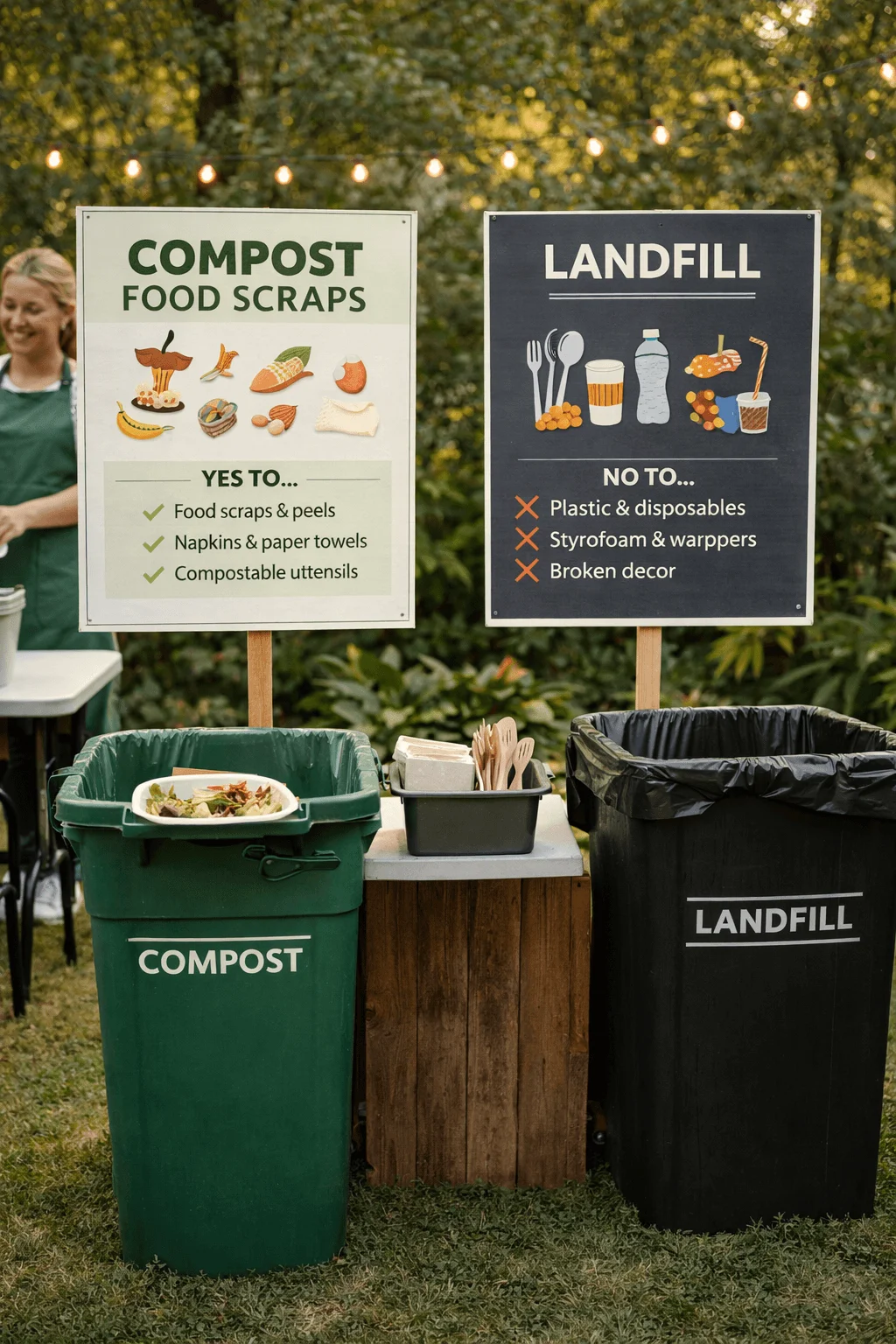 Outdoor waste sorting station at an event featuring clearly labeled compost and landfill bins with large instructional signs above them showing what items go in each including food scraps napkins and compostable utensils for compost and plastic disposables styrofoam and wrappers for landfill with string lights and greenery in the background