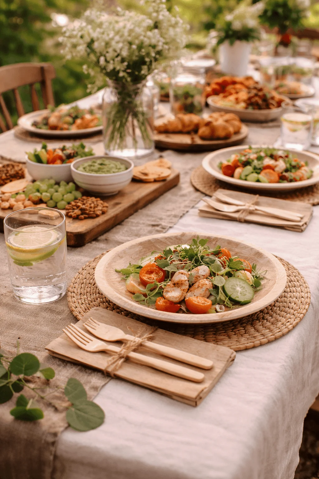 Outdoor dining table set with compostable bamboo plates and wooden cutlery tied with twine featuring fresh salads cherry tomatoes cucumber slices grilled shrimp nuts grapes croissants dips and a glass of lemon water surrounded by greenery and flowers in a garden setting