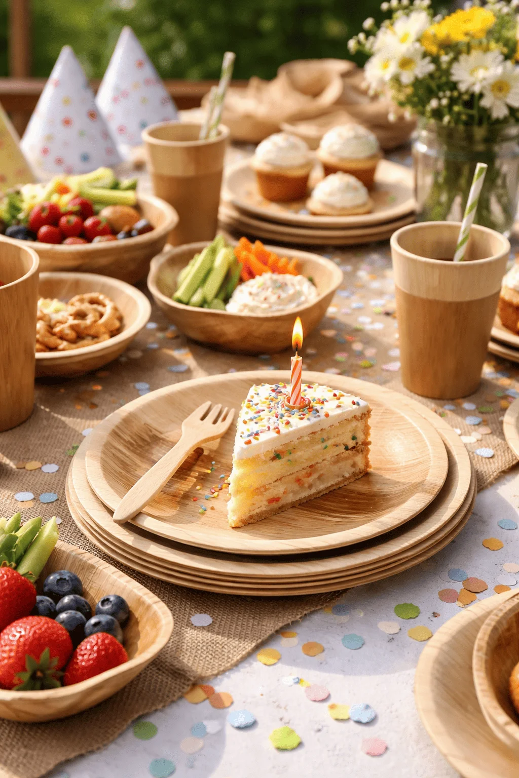 Compostable bamboo plates and cups set for a birthday party with slice of cake and lit candle wooden cutlery fresh fruit vegetables cupcakes party hats and colorful confetti on a rustic outdoor table