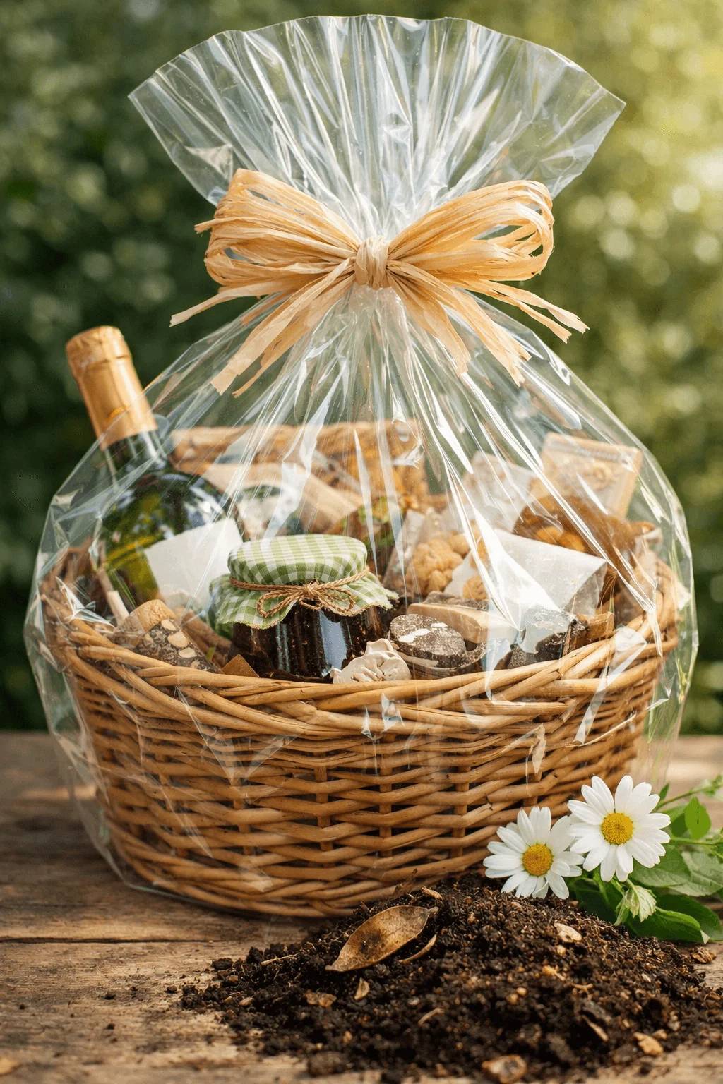 Wicker gift basket filled with assorted treats and a wine bottle wrapped in clear compostable cellulose film tied with a natural raffia bow sitting on a wooden table outdoors with flowers and soil nearby