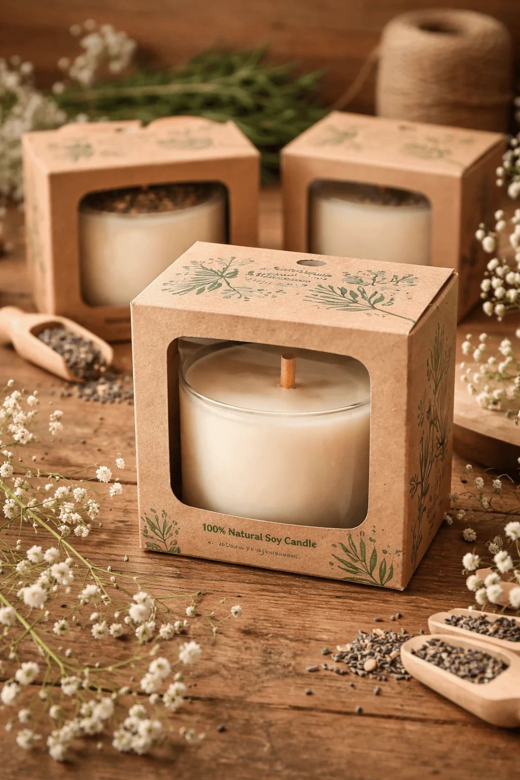 Soy candles packaged in eco friendly cardboard boxes with compostable transparent windows, surrounded by natural herbs and rustic decor
