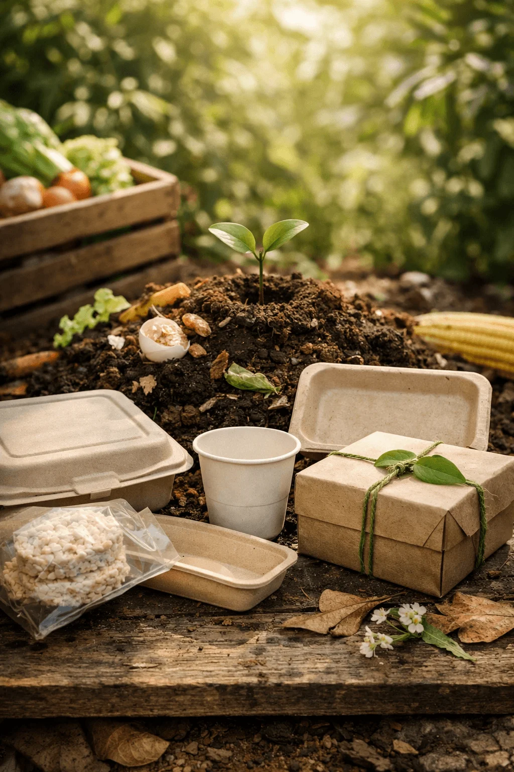 Compostable packaging boxes and containers made from natural materials, displayed with soil and plant growth to highlight biodegradable and eco friendly disposal