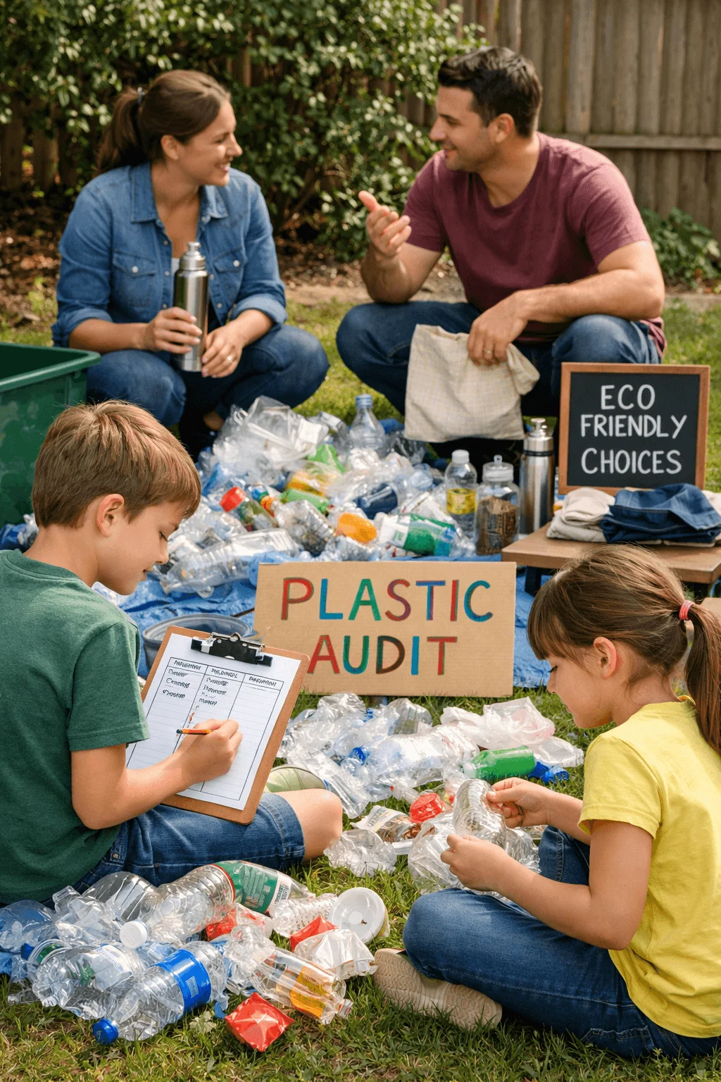Family conducting a household plastic audit outdoors on the lawn. Two children sort and examine plastic bottles and packaging while one writes notes on a clipboard beside a sign labeled Plastic Audit. Parents sit nearby discussing eco friendly choices, with reusable bottles and cloth bags displayed next to a small board that reads Eco Friendly Choices.