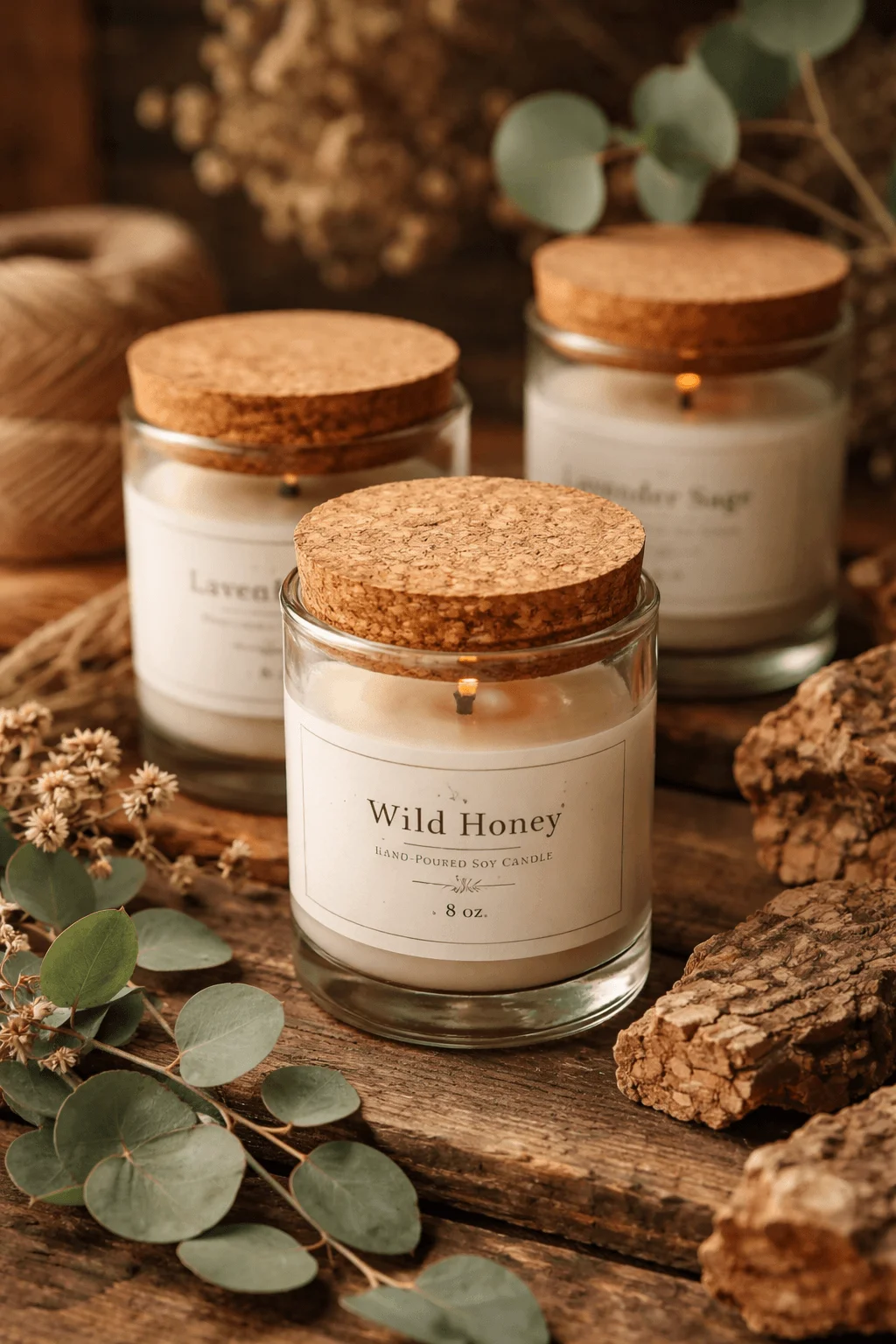 Glass jar candles with natural cork lids labeled with minimalist designs, arranged with eucalyptus leaves and rustic decor elements