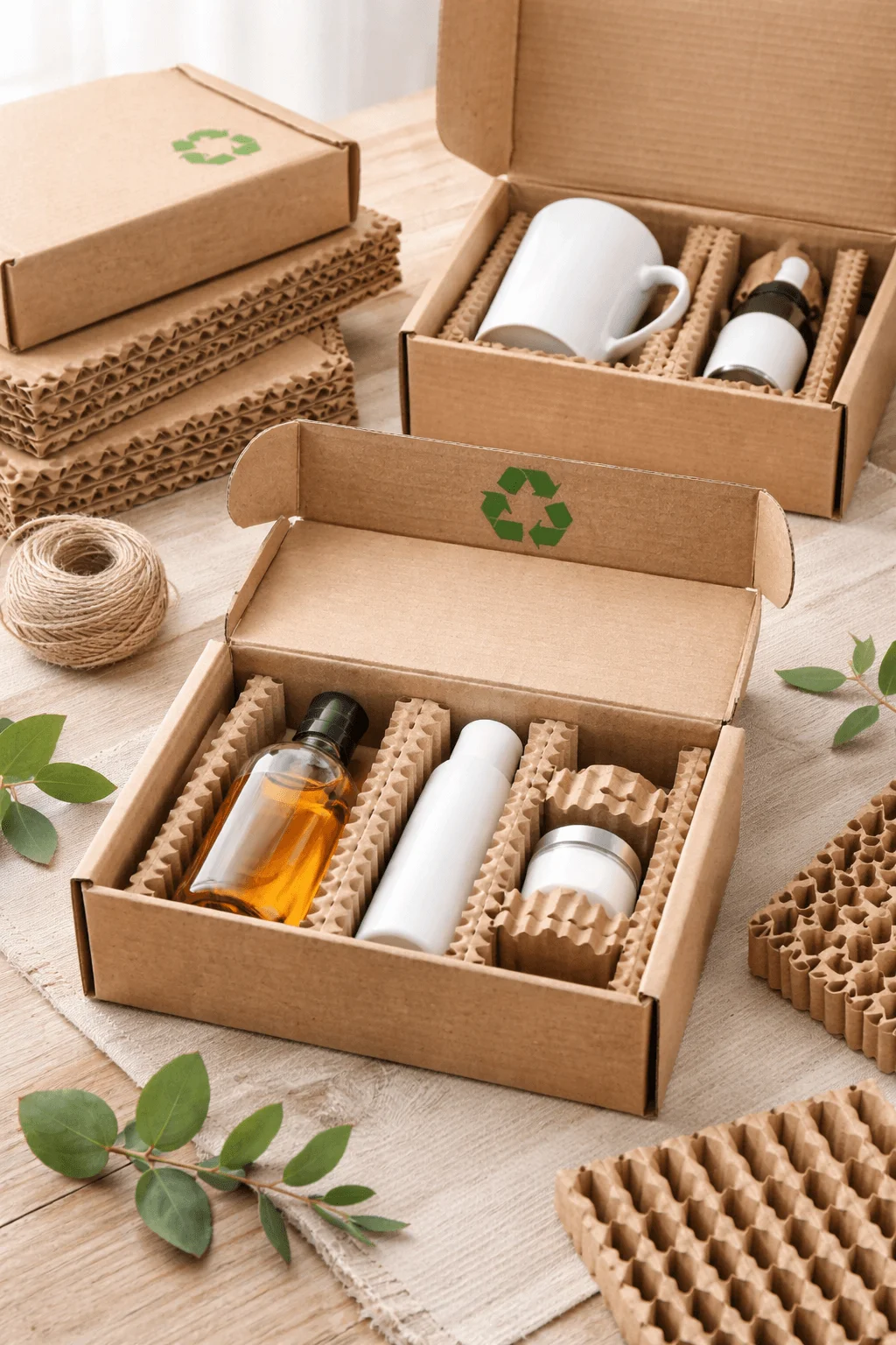 Corrugated cardboard packaging with protective inserts, designed to securely hold bottles and fragile items using recyclable and eco friendly materials