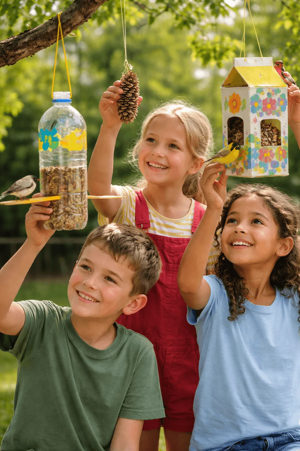 Three children outdoors hanging handmade bird feeders from a tree branch. One feeder is made from a recycled plastic bottle filled with seeds, another is a decorated carton style feeder, and a pinecone feeder hangs between them. The children smile as small birds perch on the feeders in a sunny green garden setting.