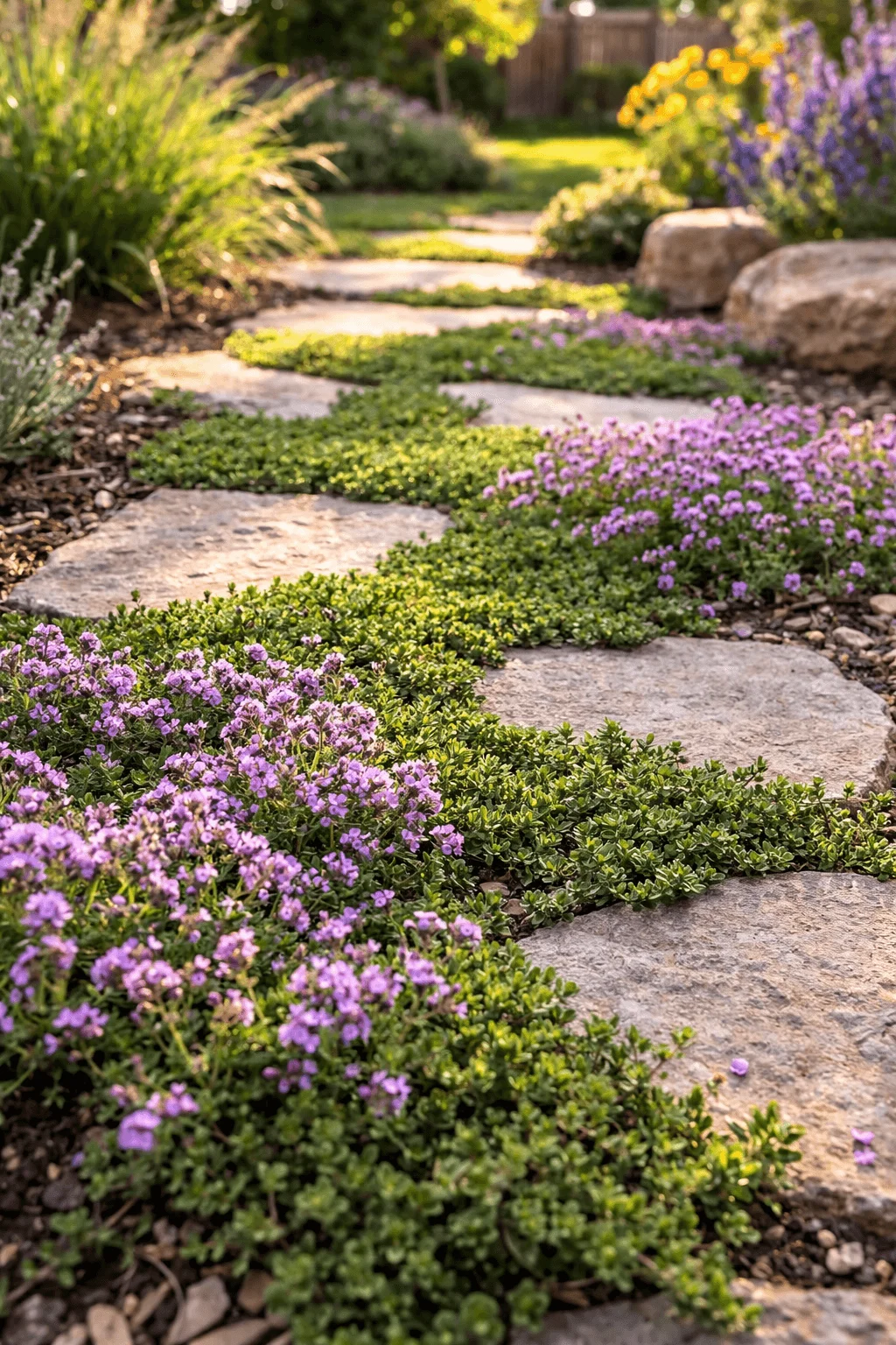 Stone garden pathway bordered by creeping thyme with small purple flowers growing between stepping stones in a sunny landscaped yard