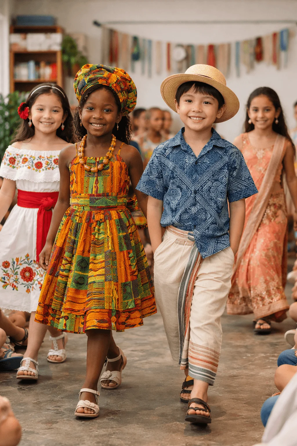 Children walking together on a runway wearing colorful cultural outfits made with traditional patterns and sustainable fabrics, celebrating diversity, heritage, and eco-friendly fashion.