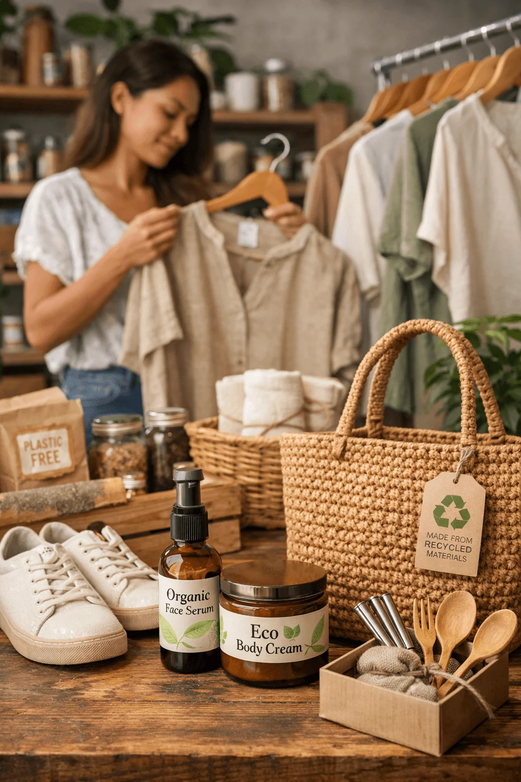 Woman shopping for clothing in a sustainable store with eco friendly products on a wooden table including organic face serum eco body cream reusable utensils recycled bag plastic free goods and natural sneakers.