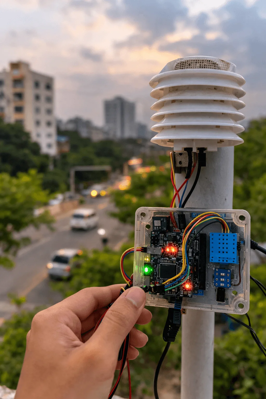 Hand adjusting a DIY air quality sensor device with exposed microcontroller wiring and environmental sensors mounted on a pole overlooking a city street with buildings traffic and evening sky in the background