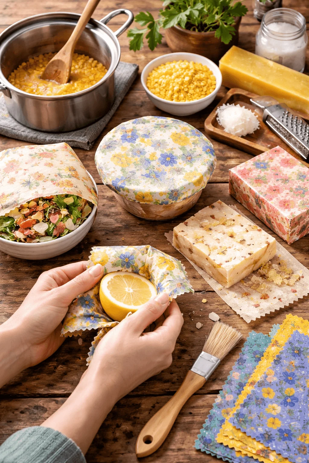 DIY beeswax food wraps being used to cover bowls and wrap food like lemon and salad, with ingredients and tools on a wooden table.