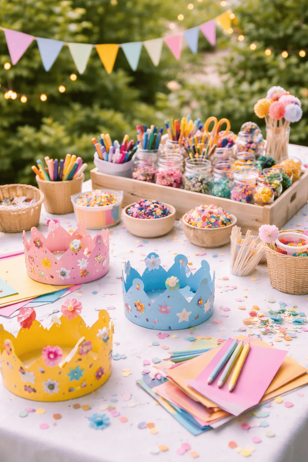 Outdoor DIY craft station set up on a table with colorful paper crowns decorated with stickers and flowers jars filled with markers scissors and beads bowls of confetti pastel paper stacks and small baskets under string lights and bunting in a garden setting