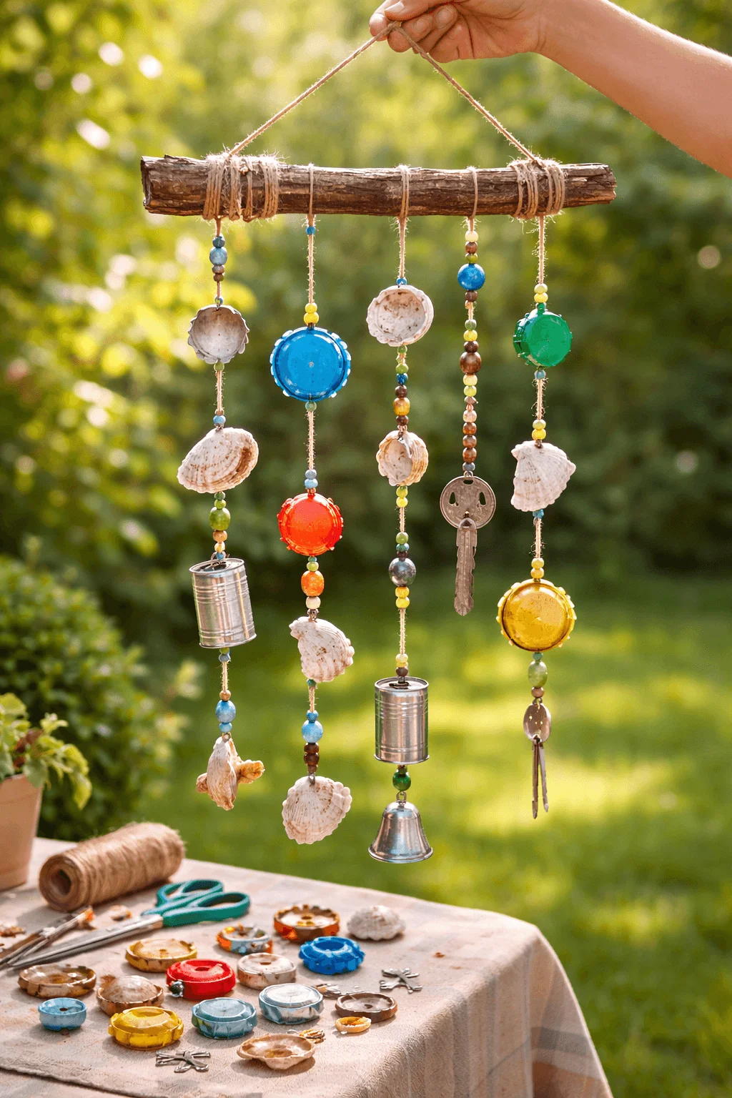 Handmade eco friendly wind chime crafted from a wooden stick with hanging strings of seashells bottle caps beads keys and small metal cans displayed as a creative recycled outdoor garden decoration project.