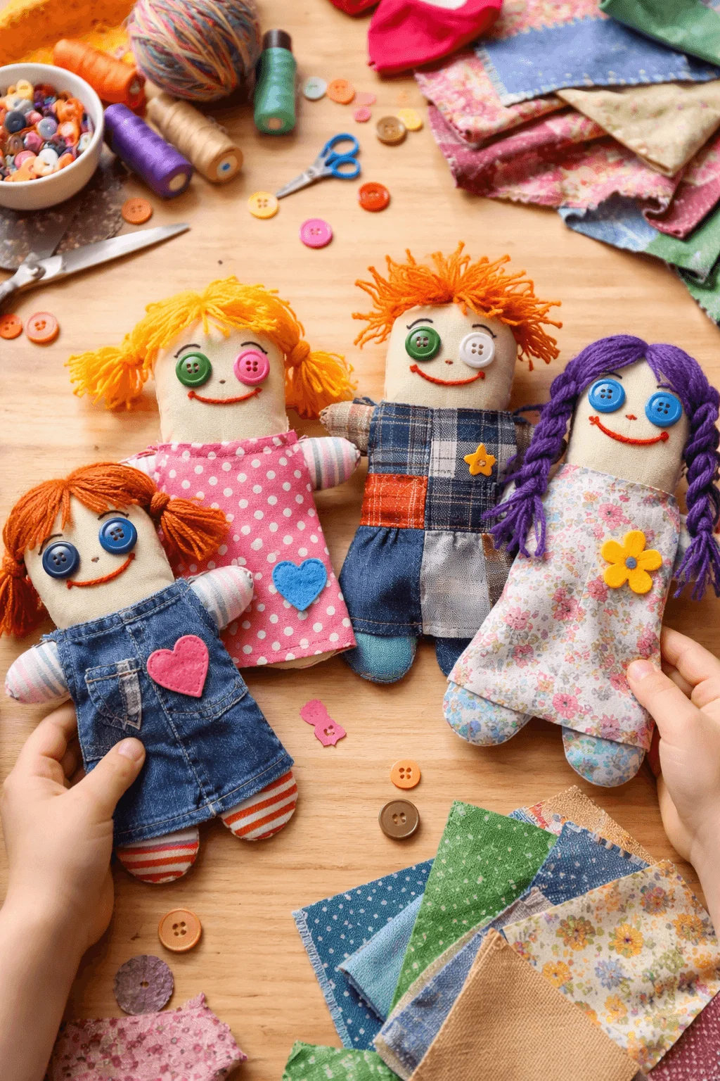 Handmade fabric scrap dolls created from colorful leftover cloth pieces with button eyes yarn hair and stitched smiles arranged on a craft table with sewing supplies buttons thread and fabric swatches during a creative DIY activity.