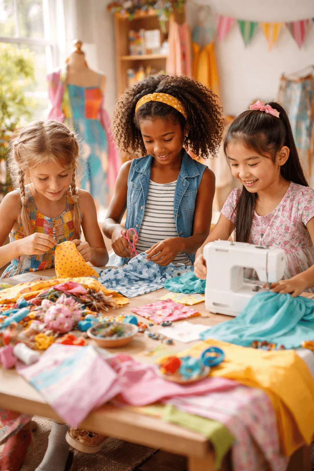 Three children sitting at a craft table sewing and creating handmade fashion pieces from colorful fabrics using scissors thread and a sewing machine in a bright creative workspace.