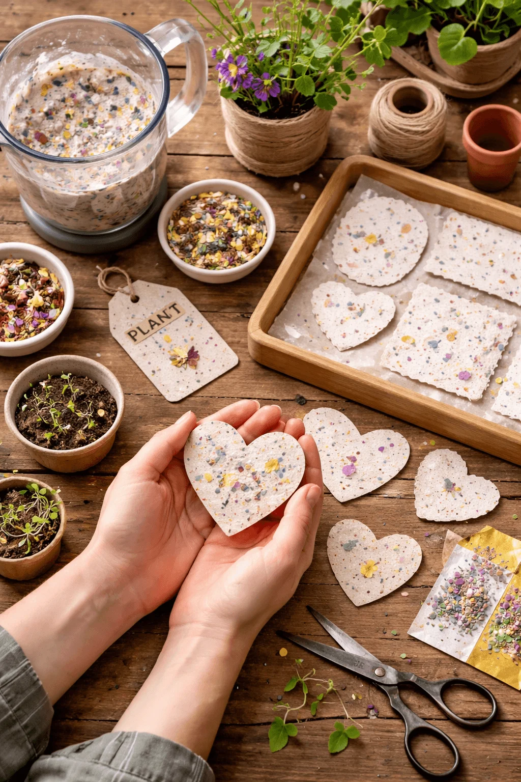Handmade plantable seed paper shaped into hearts, surrounded by crafting supplies, soil, seeds, and gardening tools on a wooden table.