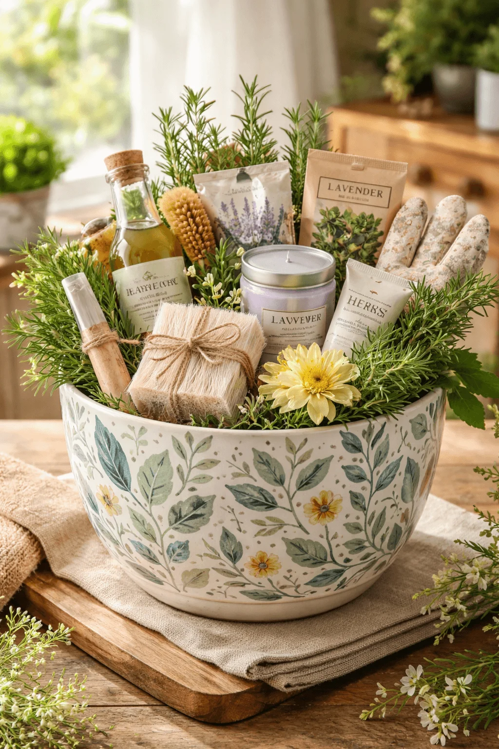 Decorative ceramic planter used as a gift basket filled with herbal spa items lavender candle natural brush herbal packets oil bottle gardening gloves and fresh greenery arranged on a wooden table indoors