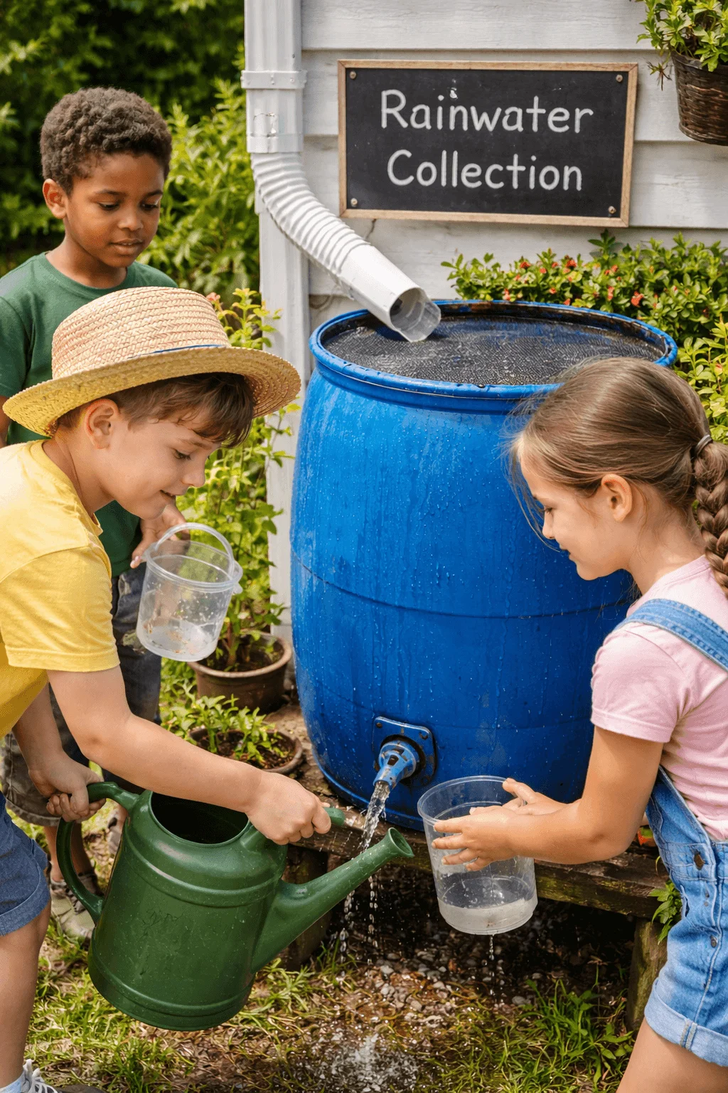 Three children collecting rainwater from a blue barrel connected to a house downspout with a sign that reads Rainwater Collection. One child fills a green watering can from the spigot while another holds a clear container, and a third watches as they reuse the water in a garden setting surrounded by plants.