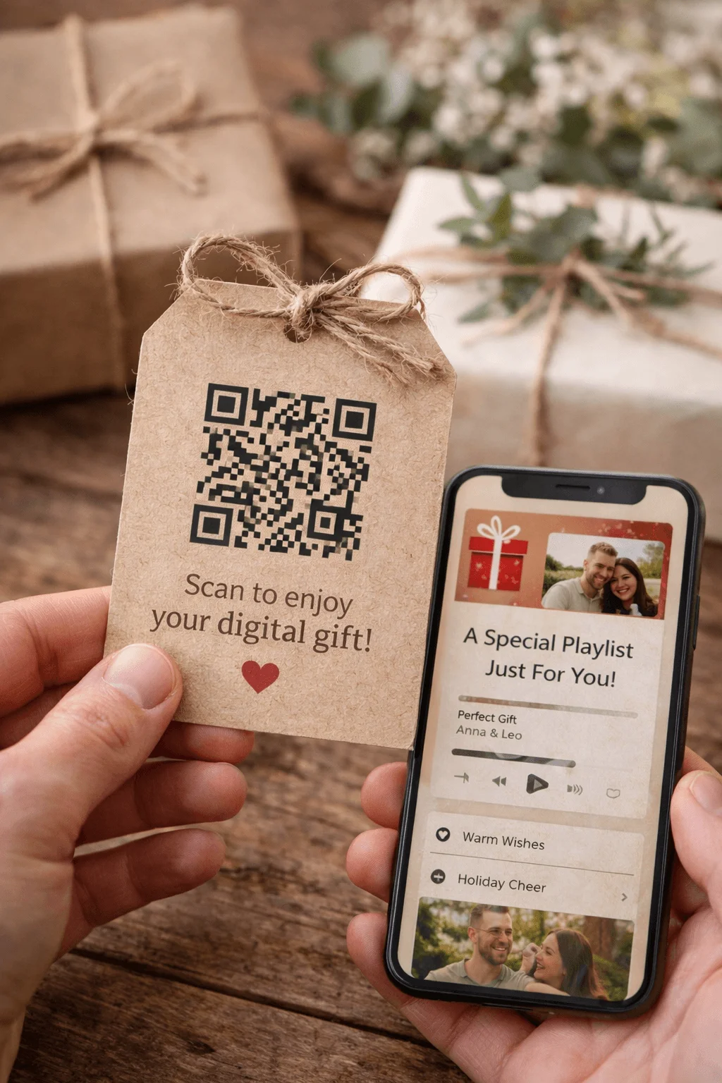 Hands holding a kraft paper gift tag with QR code labeled scan to enjoy your digital gift next to a smartphone displaying a personalized playlist while wrapped eco friendly gifts sit on a wooden table in the background