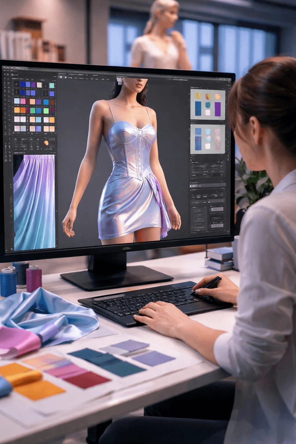Digital fashion sampling process where a designer uses 3D garment design software to create and visualize a dress prototype on a virtual model. The scene highlights digital fabric simulations, color swatches, and design tools on screen, demonstrating how virtual sampling reduces the need for physical prototypes and minimizes fabric waste in modern sustainable fashion development.