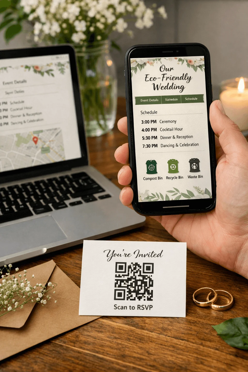 Hand holding a smartphone displaying an eco friendly wedding schedule with compost recycle and waste bin icons next to a laptop and a printed card with a QR code that says You are Invited Scan to RSVP on a wooden table with flowers and wedding rings