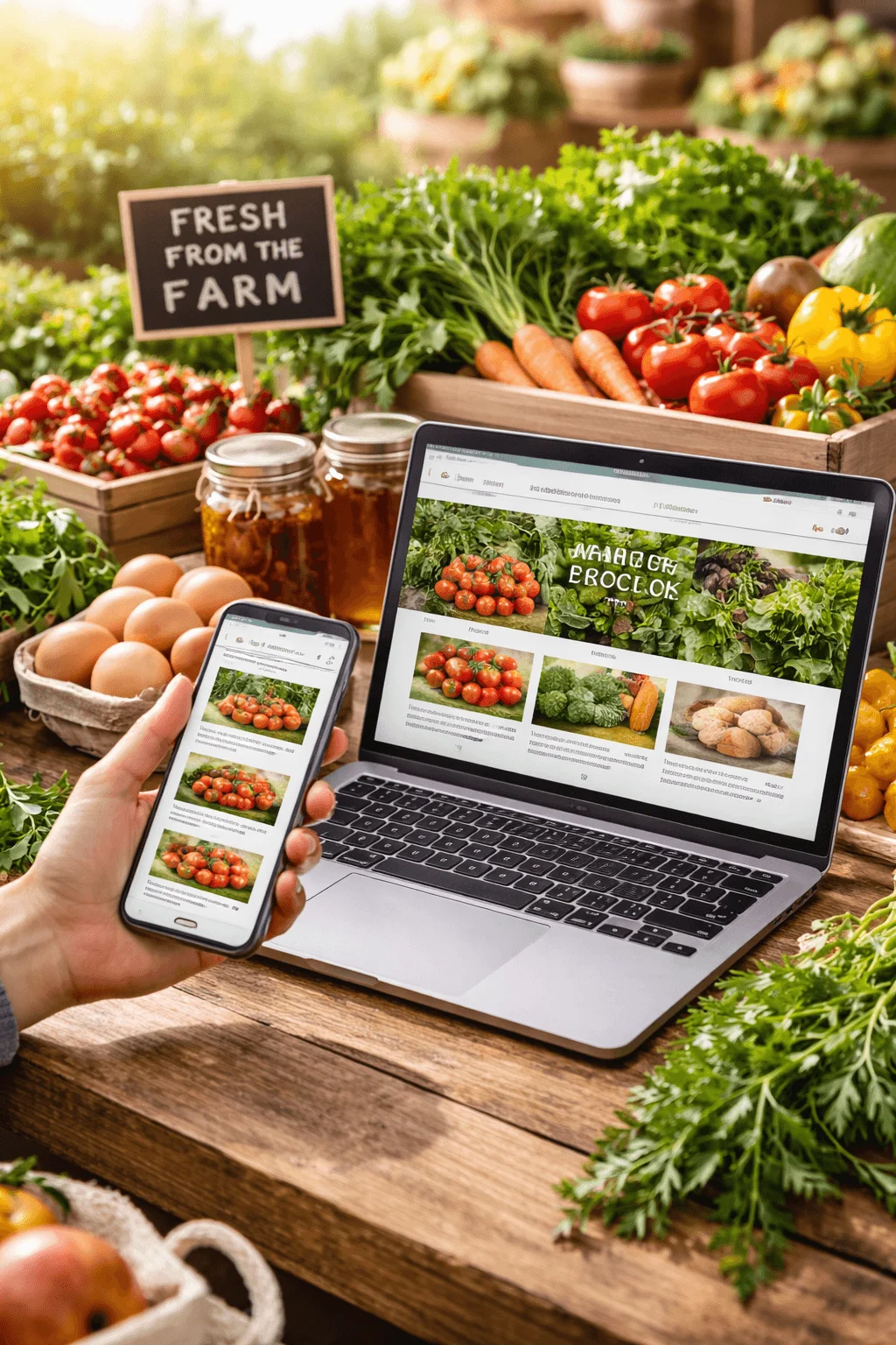 Person browsing an online farm marketplace on a laptop and smartphone surrounded by fresh vegetables, eggs, and homemade goods with a “Fresh From the Farm” sign highlighting direct-from-farmer shopping.