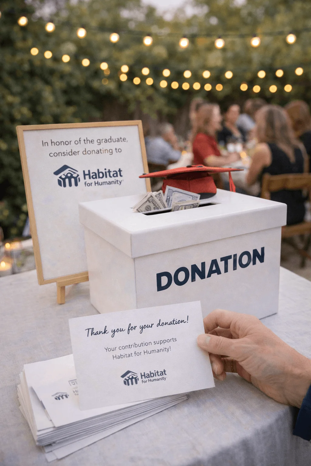 Outdoor graduation celebration setup featuring a white donation box labeled “DONATION” with cash inside and a red graduation cap on top, alongside a framed sign encouraging guests to donate in honor of the graduate to Habitat for Humanity. A hand holds a thank-you card that reads “Thank you for your donation! Your contribution supports Habitat for Humanity!” with guests seated at tables under warm string lights in the background.