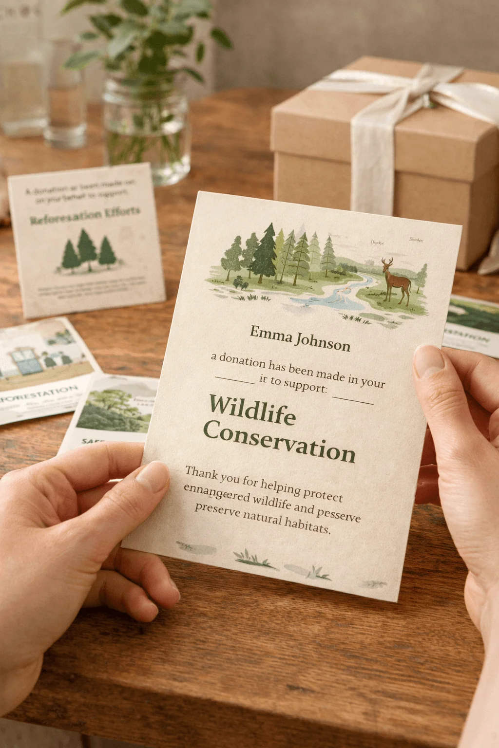 Hands holding a wildlife conservation donation certificate on a wooden table with informational cards about reforestation and conservation efforts alongside a wrapped gift box and greenery representing donation based community gifts that support environmental and wildlife protection initiatives