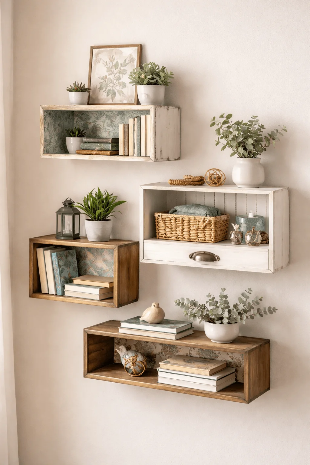 Upcycled wooden drawer wall shelves used as decorative storage with plants, books, and rustic home decor.