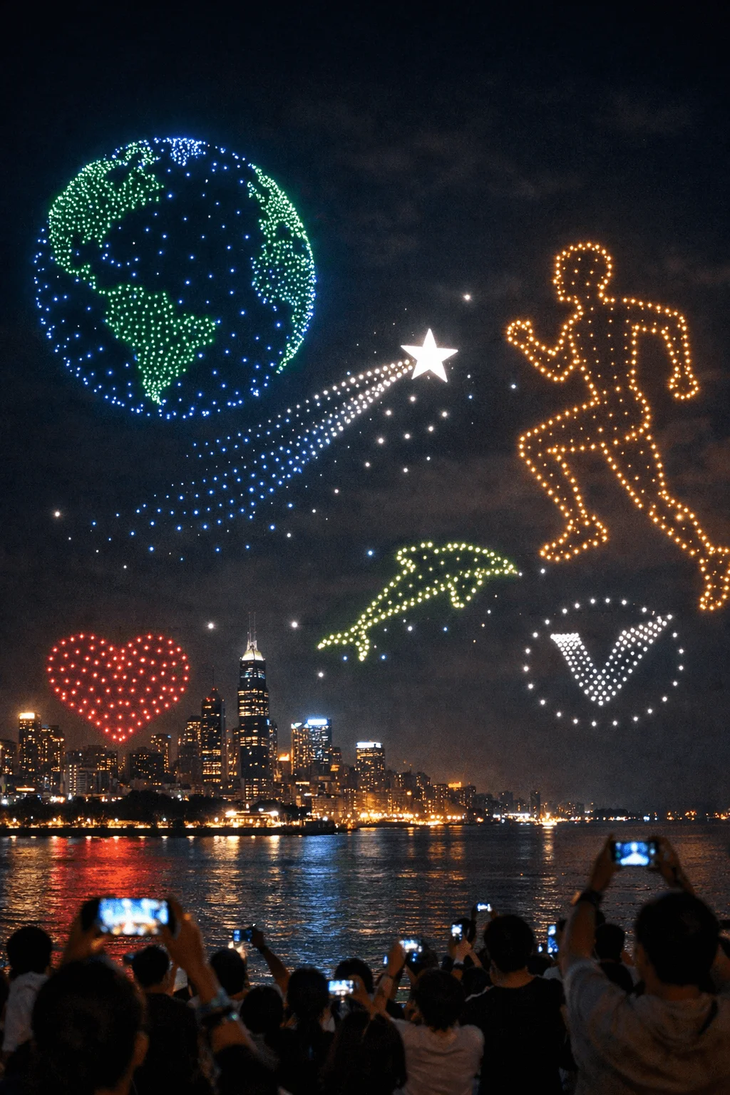 Nighttime drone light show above a city waterfront with illuminated shapes including a globe running figure dolphin heart star and check mark as a crowd watches and records on their phones