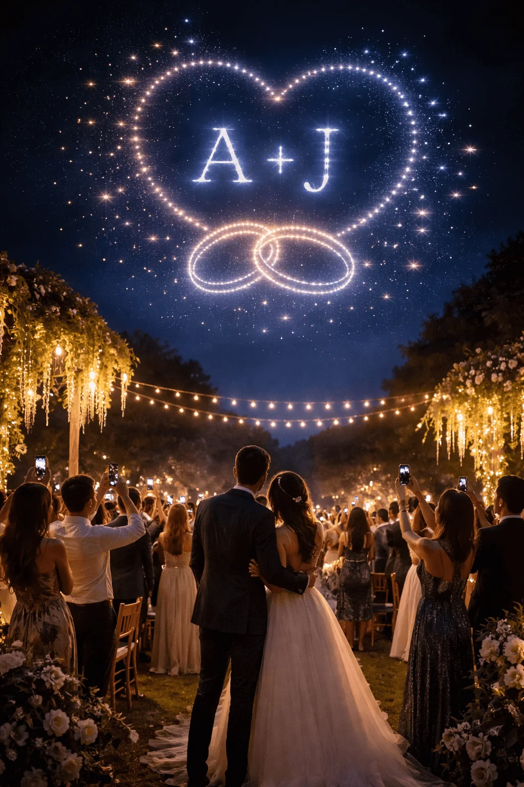 Bride and groom standing together at an outdoor evening wedding reception under string lights while guests watch and record a glowing drone light show in the night sky forming a heart with the initials A and J and two interlocking rings