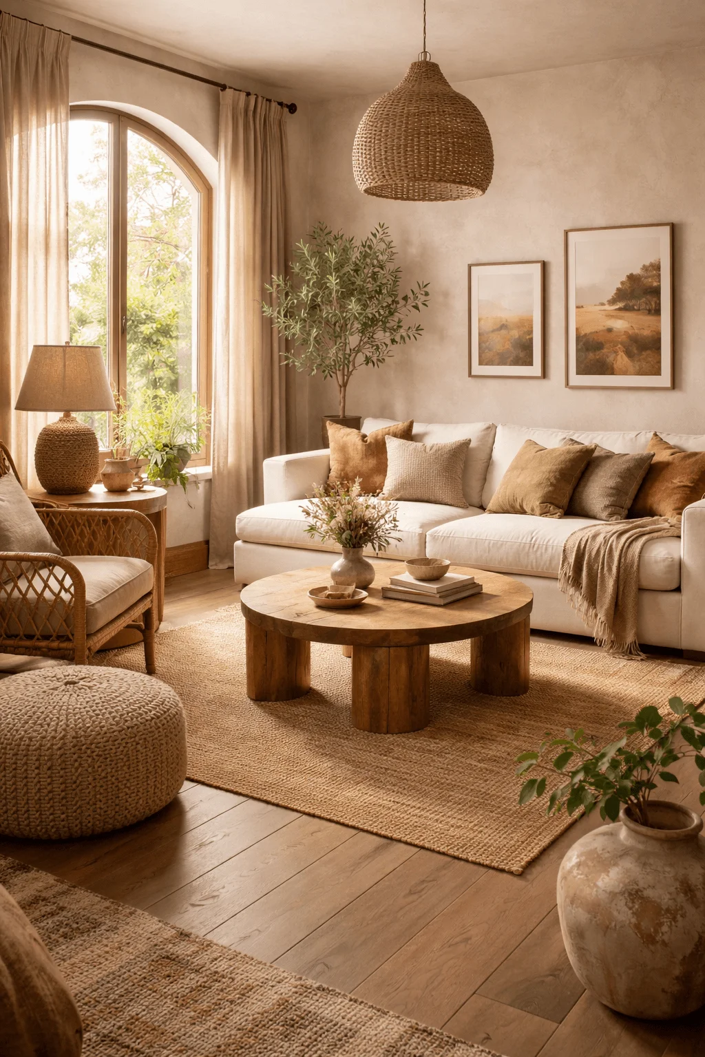 Earth tone living room with neutral sofa woven pendant light wooden coffee table natural textures warm sunlight large arched window and cozy organic decor.