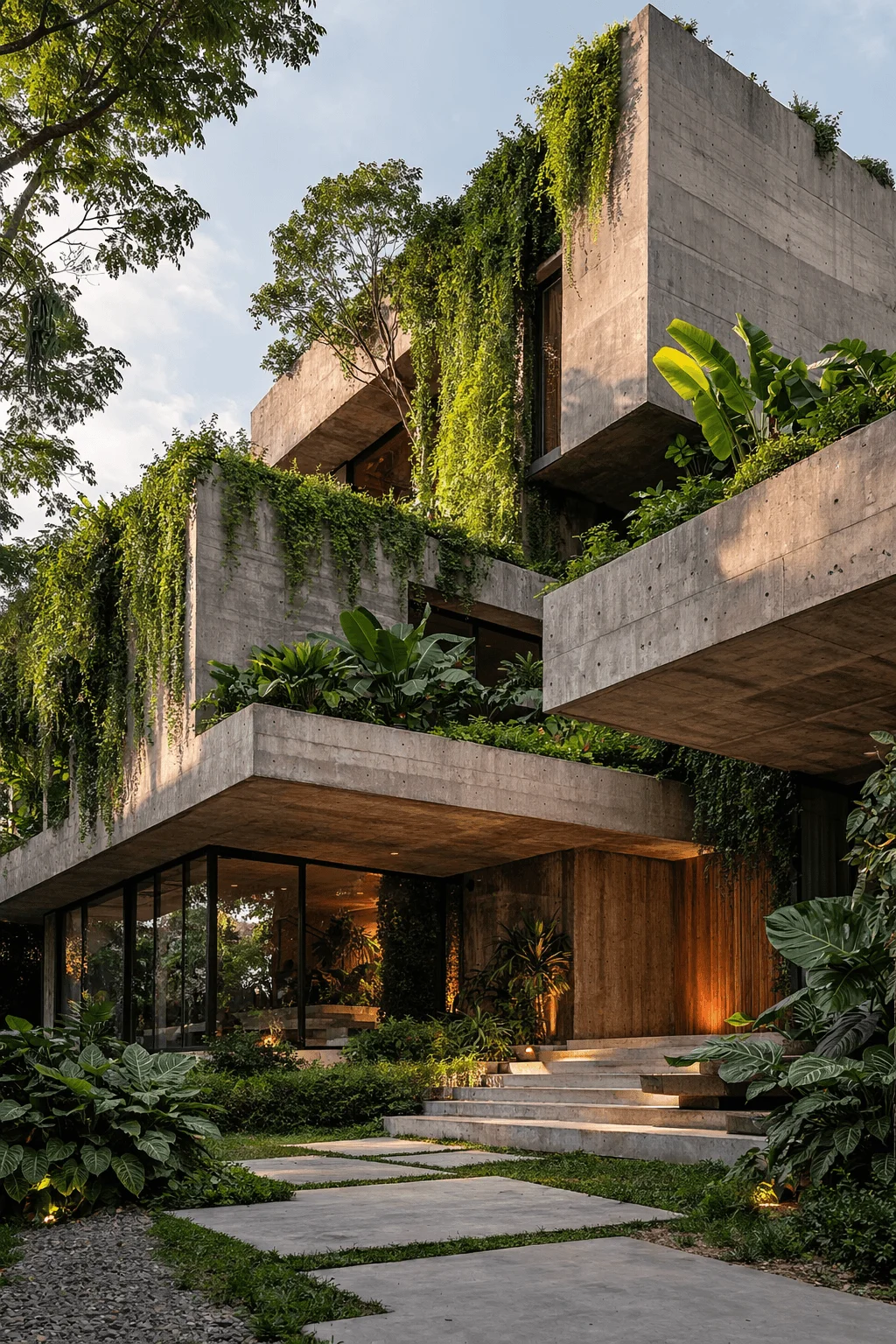 Eco brutalism architecture house with raw concrete structures, cascading greenery, and integrated plants blending modern brutalist design with nature.