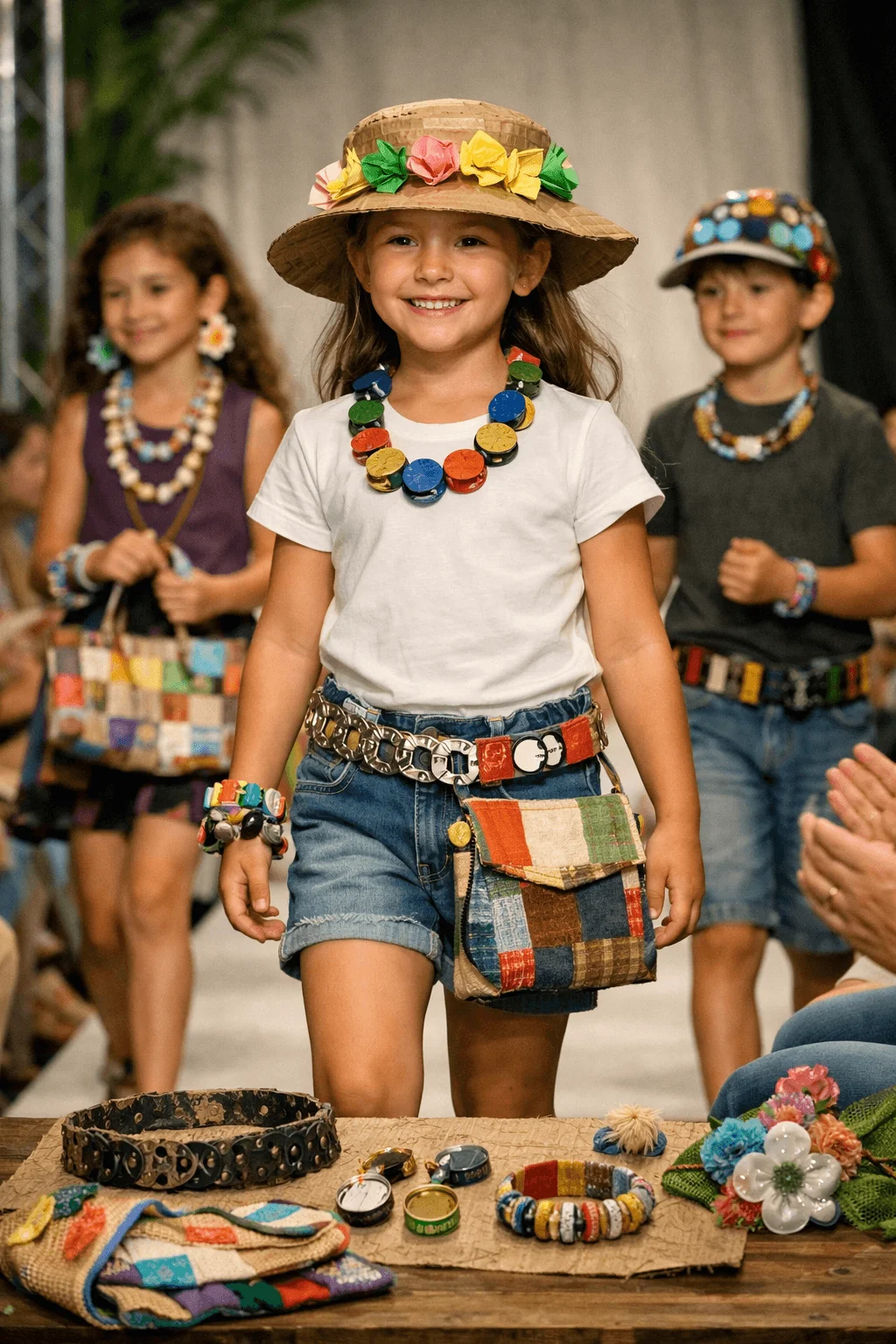 A child walking on a runway wearing eco friendly accessories including a hat necklace belt and bag made from recycled materials while other children model creative handmade accessories in the background.