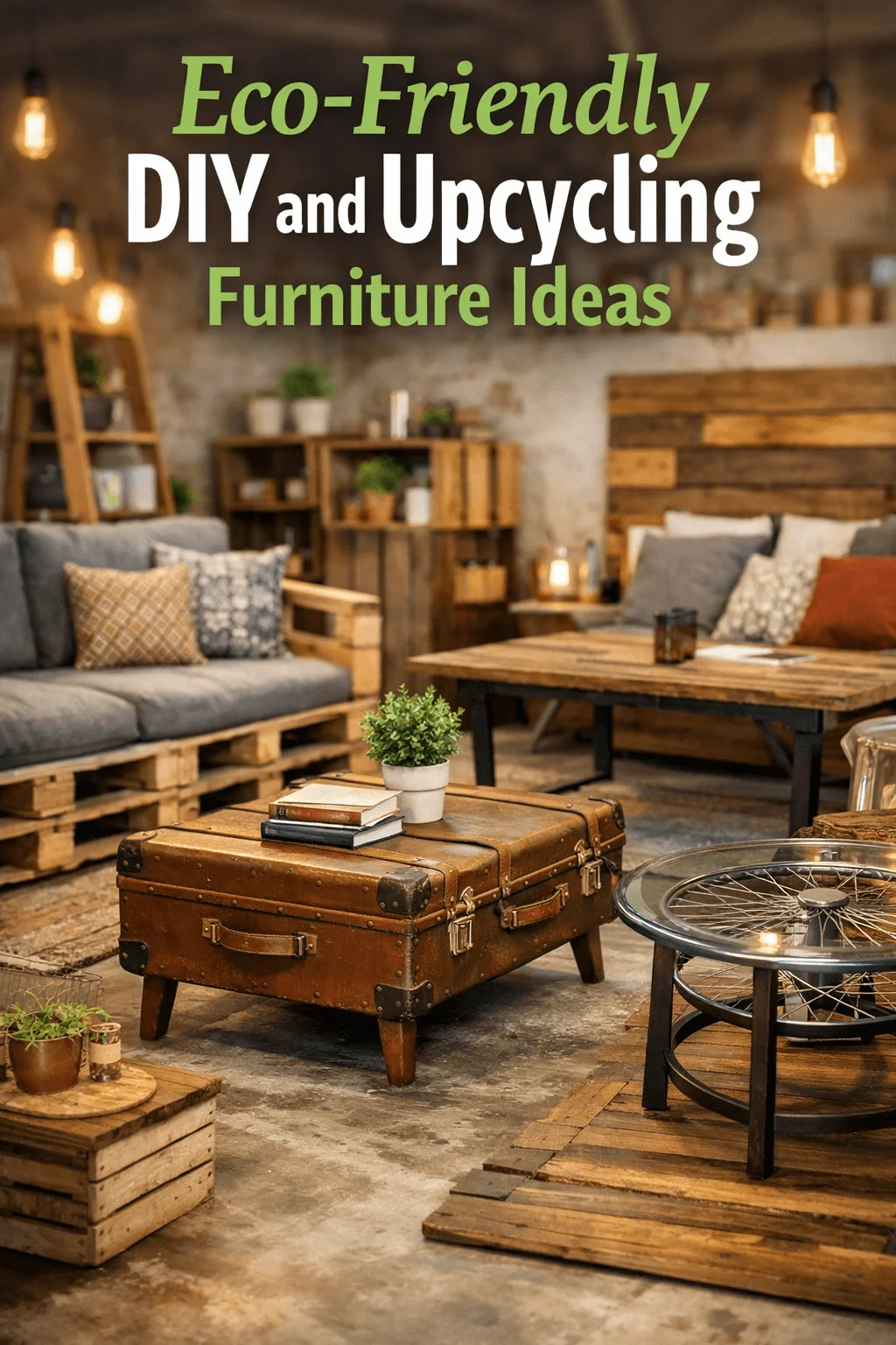 Eco-friendly DIY and upcycling furniture ideas featuring a rustic living room with pallet sofas, a vintage suitcase coffee table, wooden crate storage, and a bicycle wheel table under warm hanging lights.